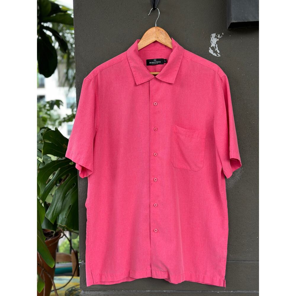 Bugatchi Uomo Men’s Large Pink Short Sleeve Casual Button Up Hawaiian Camp Shirt